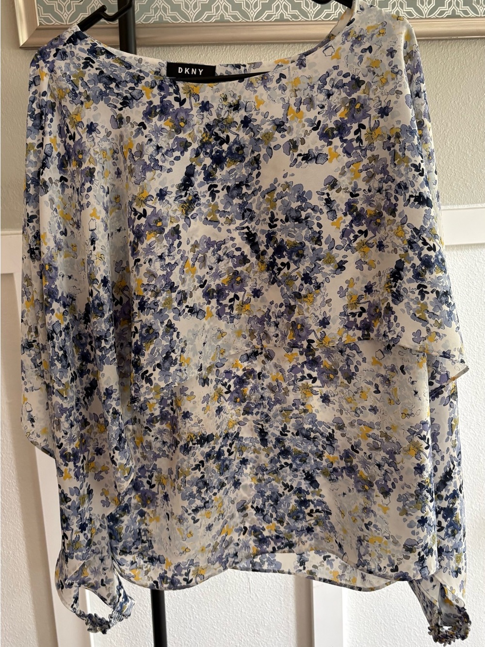 DKNY Floral Chiffon Blouse XL Blue Purple Yellow Long Sleeve Layered Top